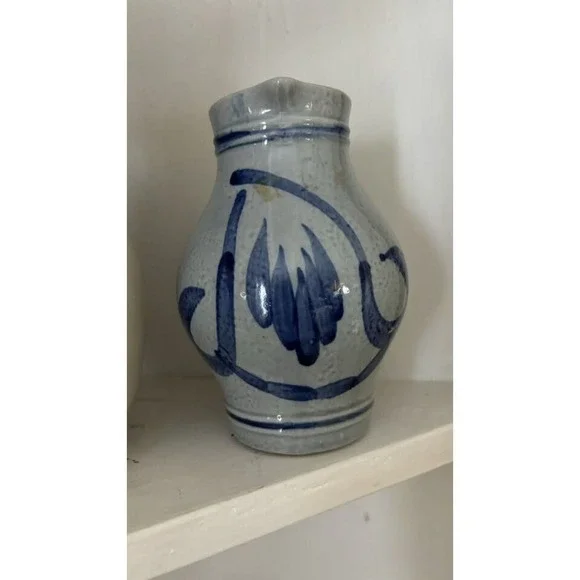 Vintage Salt Glaze Pottery Pitcher Jug 6.5" Antique Blue Paint Floral Primitive - Picture 3 of 4
